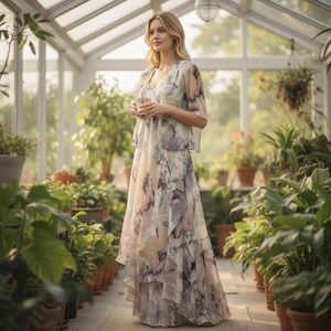 R&M Collection Blue Lavender Floral Maxi Dress Jacket Set 14 7763J NEW